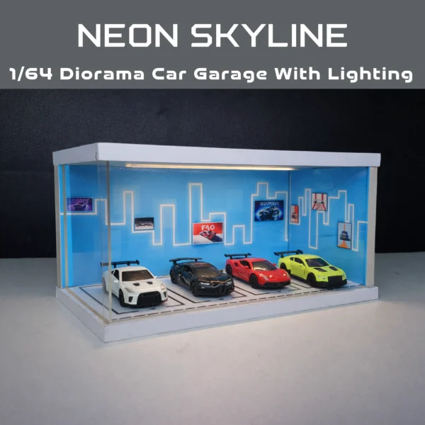 Neon Skyline Diorama Car Garage – Premium Display Setup for Diecast With Tri-Color Lighting