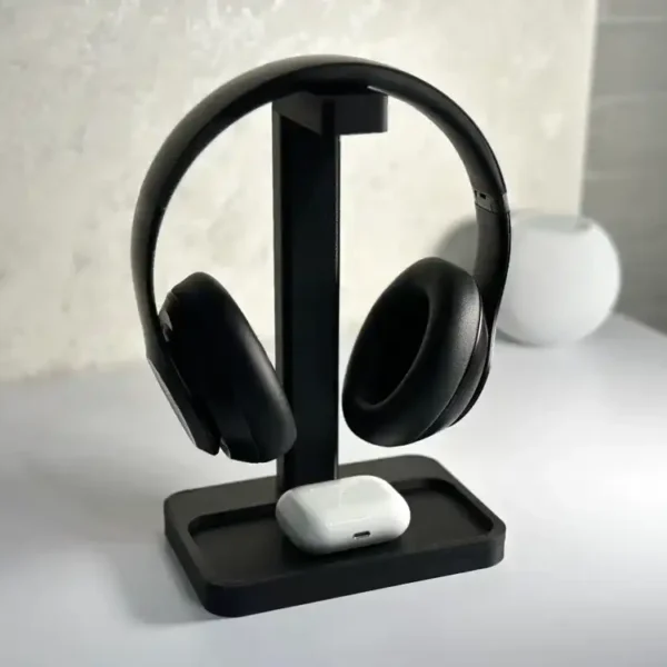 3D Printed Headphone Holder with Storage Tray – Modern Desk Headphone Stand | Headset Stand for Gaming, Office & Home Setup