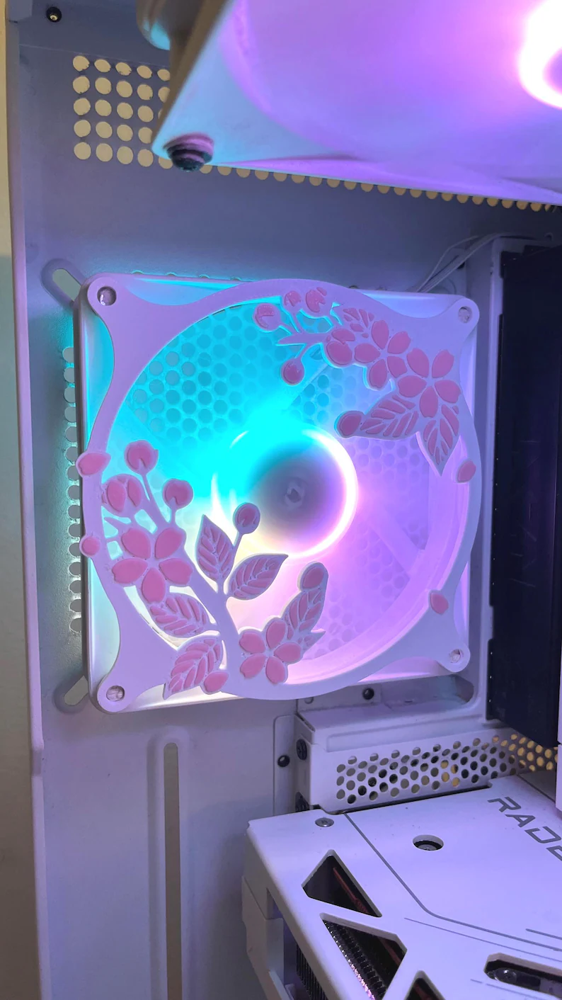 il_794xN.7731880737_b7gx Sakura Flower on a Branch - PC Fan Shroud/ Grill /Cover - 120mm, 140 mm - Two Colors - Image 1